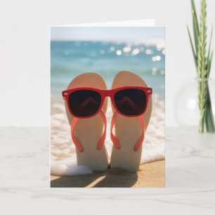 Birthday Sunglasses On Flip-flops In Beach Sand Card