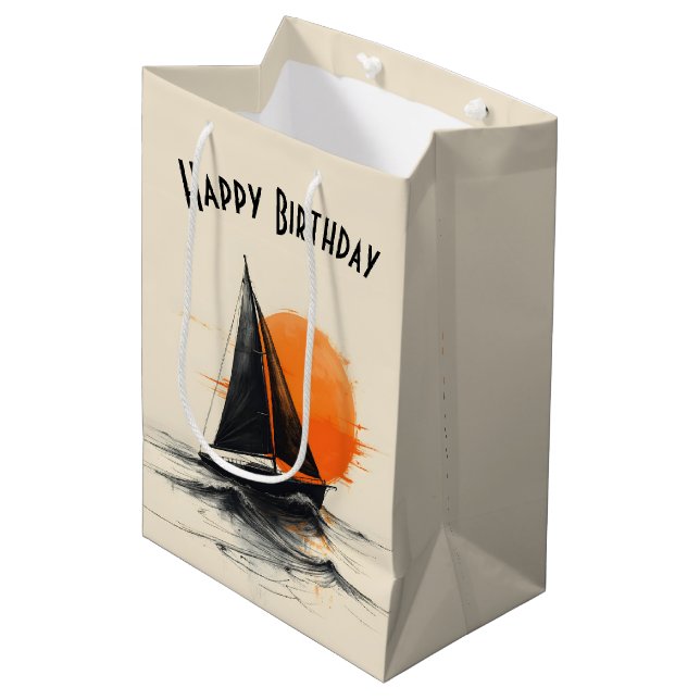 Birthday Sunrise Sailboat Silhouette Sketch Medium Gift Bag (Front Angled)