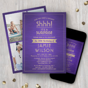 Birthday Surprise Party Brushed Purple and Gold Invitation