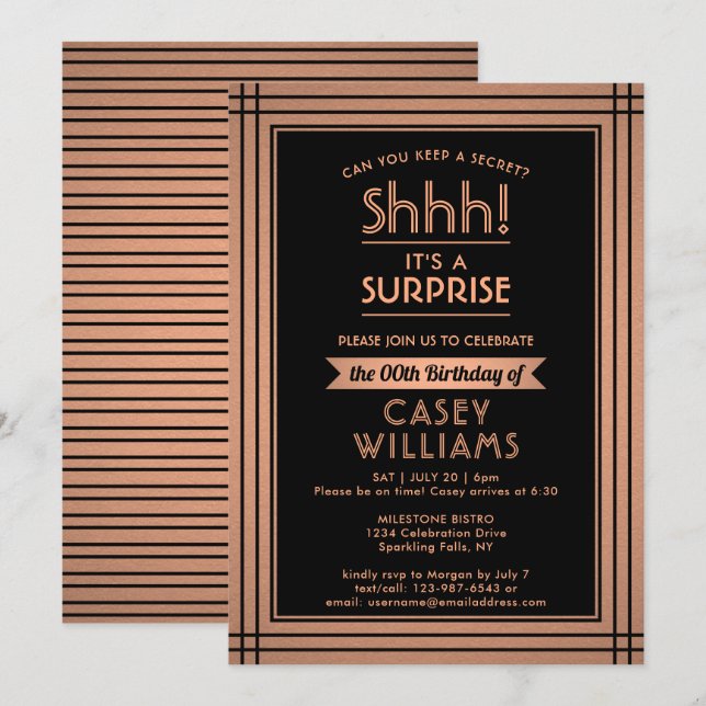 Birthday Surprise Party Elegant Black and Copper Invitation (Front/Back)