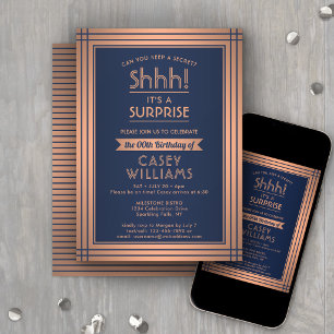 Birthday Surprise Party Elegant Navy Blue & Copper Invitation