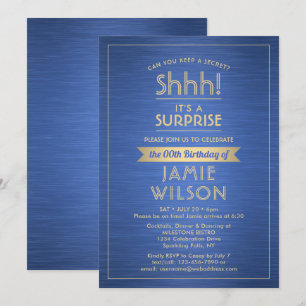 Birthday Surprise Party Shhh! Brushed Blue & Gold Invitation