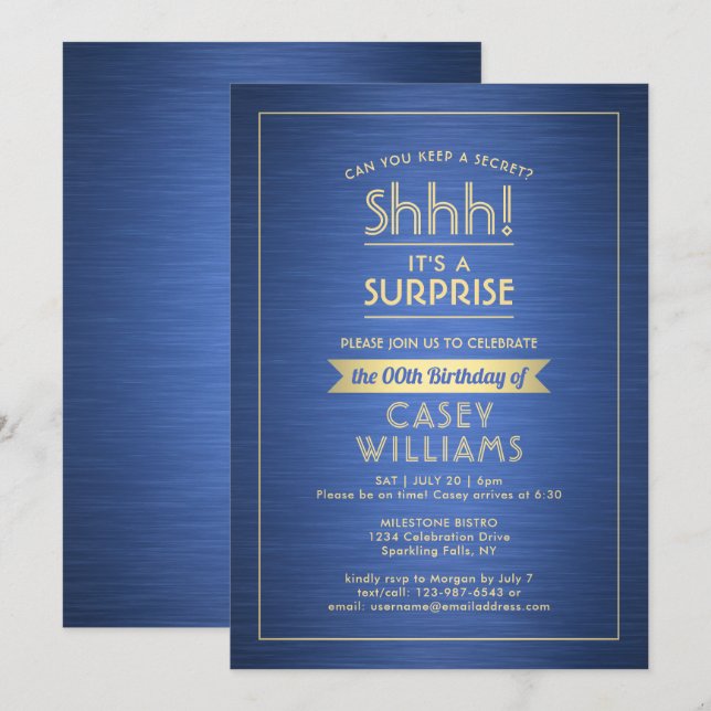 Birthday Surprise Party Shhh! Brushed Blue & Gold Invitation (Front/Back)