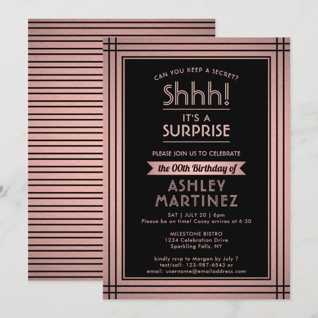 Birthday Surprise Party Shhh! Elegant Pink & Black Invitation (Front/Back)