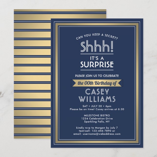 Birthday Surprise Party Shhh! Navy Blue and Gold Invitation (Front/Back)