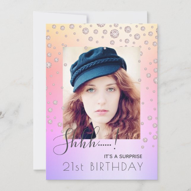 Birthday surprise photo rainbow diamonds pink invitation (Front)