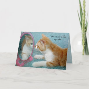 birthday tabby cat looking in mirror card