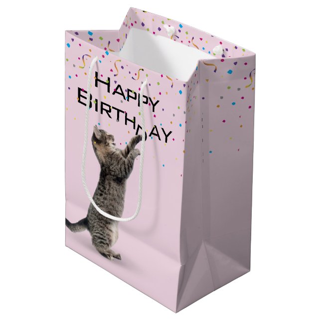 Birthday Tabby Cat with Confetti  Medium Gift Bag (Front Angled)