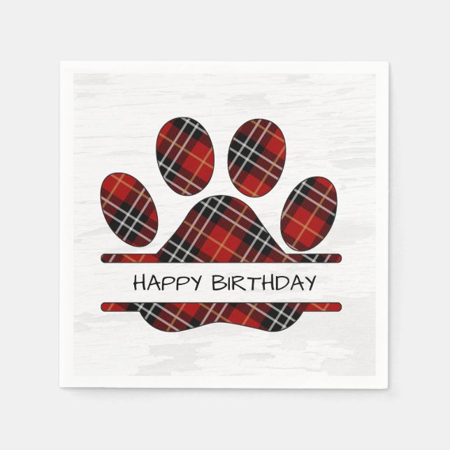 Birthday Tartan Plaid Paw Print Napkin (Front)
