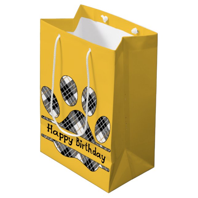 Birthday Tartan Plaid Paw Print On Gold  Medium Gift Bag (Front Angled)