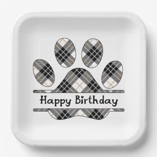 Birthday Tartan Plaid Paw Print On White Paper Plate (Front)