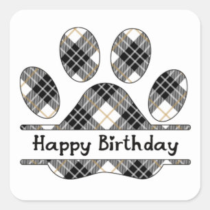 Birthday Tartan Plaid Paw Print On White Square Sticker