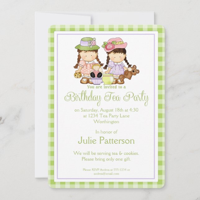 Birthday Tea Party Invitation Little Girls Design (Front)