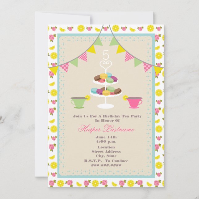 Birthday Tea Party + Macarons Invitation (Front)