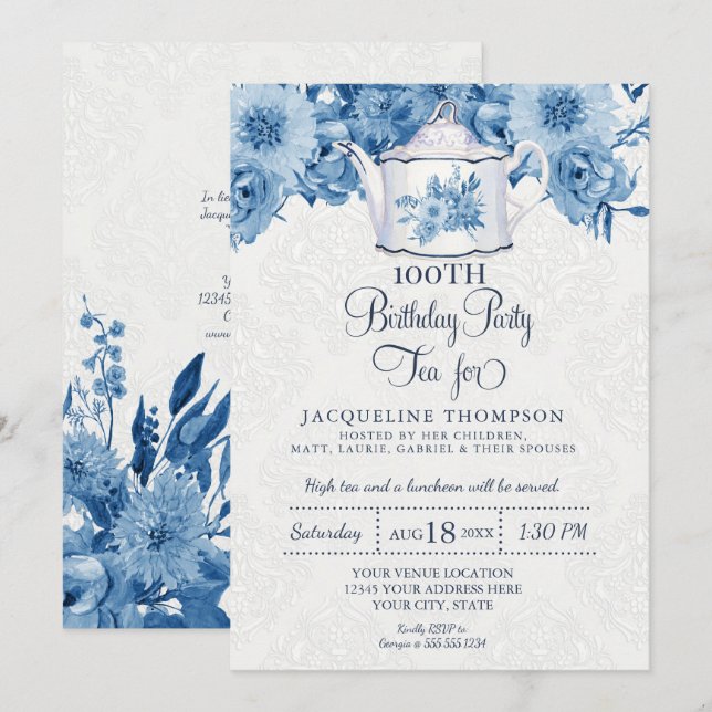 Birthday Tea Party Navy Blue White Floral Invitation (Front/Back)