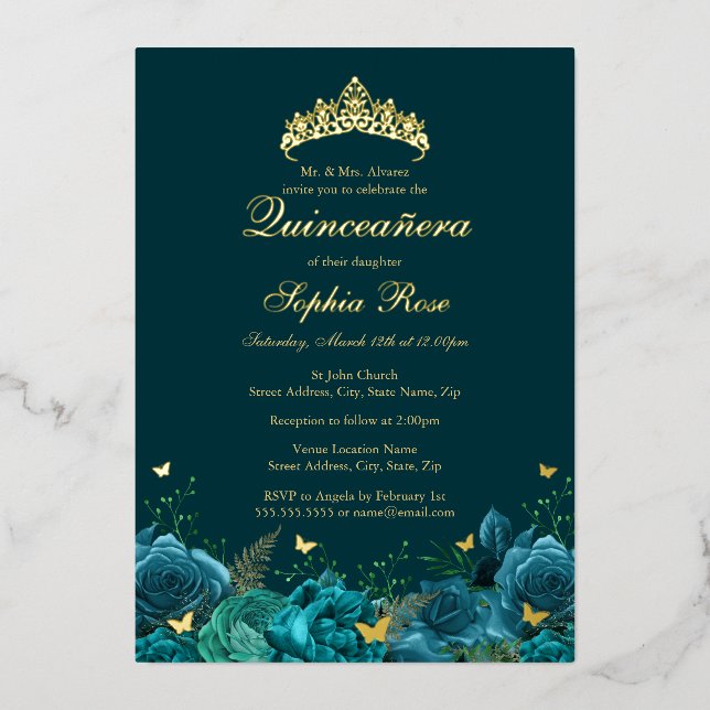 Birthday Teal Blue Floral Butterfly Quinceanera (Front)