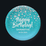 Birthday teal blue green glitter name paper plate<br><div class="desc">An elegant and glamourous birthday paper plate. Teal,  blue green gradient coloured faux glitter with faux diamond sprinkle. With the text: Happy Birthday! Templates for a name and a date. Date of birth or the date of the party/anniversary. White letters.  

Matching paper napkins available in our store!</div>