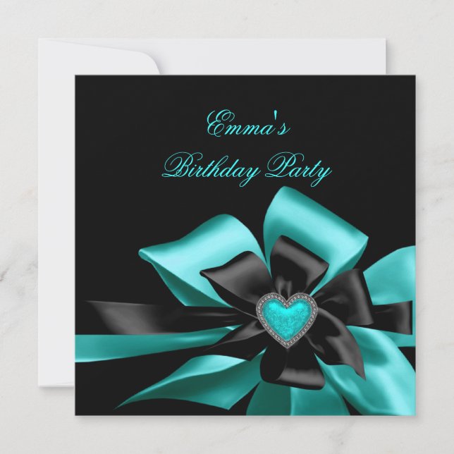 Birthday Teal Blue Heart Black Bow Image Invitation (Front)