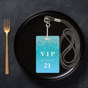 Birthday teal glitter drips blue vip invitation badge