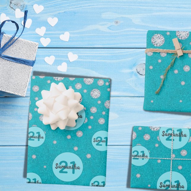 Birthday teal glitter green monogram luxurious wrapping paper sheet (Creator Uploaded)