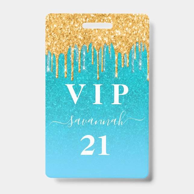Birthday teal gold glitter blue vip invitation badge (Front)