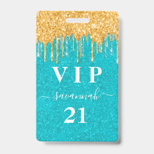 Birthday teal gold glitter drips vip invitation badge
