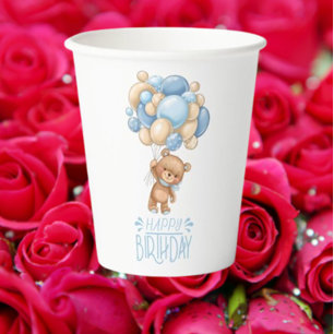 Birthday Teddy Bear Boy Blue Balloons   Paper Cups