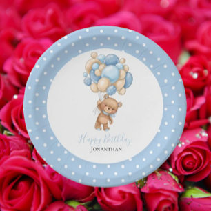 Birthday Teddy Bear Boy Blue Balloons Poke Dots Paper Plate