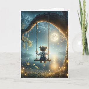 Birthday Teddy Bear On a Swing With Fireflies Card
