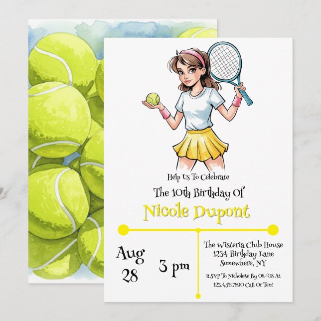 Birthday Tennis Ball Girl Celebration  Invitation (Front/Back)