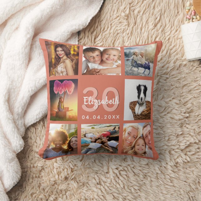Birthday terracotta photo collage woman throw pillow (Blanket)