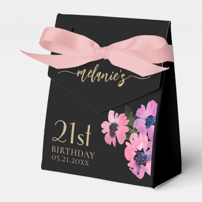 Birthday Thank You Chic Floral Black Favour Boxes (Front Side)