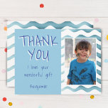 Birthday Thank you Kids Photo Postcard Blue Boys<br><div class="desc">Personalizable birthday thank you postcard for boys with photo and text I love your wonderful gift. Personalizable birthday thank you card for your friends and family. Upload your photo and personalize the postcard with your name and text. The postcard has blue waves on the front and the back side. Great...</div>