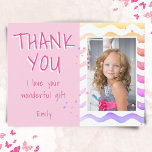 Birthday Thank you Kids Photo Postcard Pink Girl<br><div class="desc">Personalizable birthday thank you postcard for girls with photo and text I love your wonderful gift. Cute pink birthday thank you card for your friends and family. Upload your photo and personalize the postcard with your name and text. The postcard has colourful stars and waves. The back side is pink....</div>