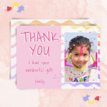 Birthday Thank you Kids Photo Postcard Pink Girl<br><div class="desc">Personalizable birthday thank you postcard for girls with photo and text I love your wonderful gift. Cute pink birthday thank you card for your friends and family. Upload your photo and personalize the postcard with your name and text. The postcard has colorful stars and waves on the front and the...</div>