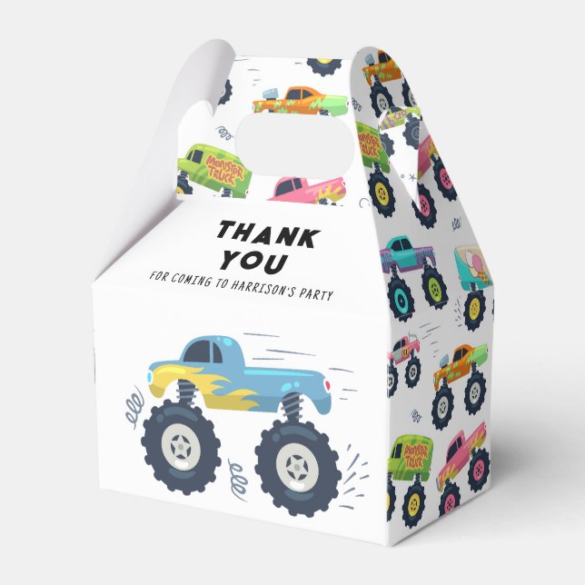 Birthday Thank You Modern Kids Monster Car Trucks Favor Box (Front Side)