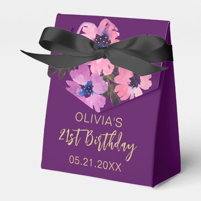 Birthday Thank You Pink Floral Purple Favour Boxes (Front Side)