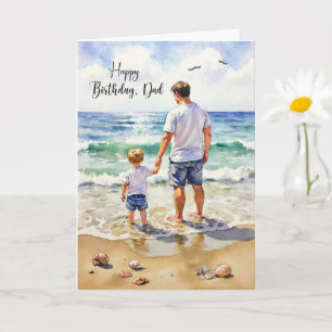 Birthday to Dad from Young Son Holding Hands Beach Card