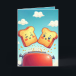 Birthday Toast Popping Out of a Red Toaster Card<br><div class="desc">Two cheerful cartoon slices of bread with smiling faces are popping out of a red toaster surrounded by flying crumbs against a bright blue sky for a birthday.
All text can be changed.</div>