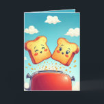 Birthday Toast Popping Out of a Red Toaster Card<br><div class="desc">Two cheerful cartoon slices of bread with smiling faces are popping out of a red toaster surrounded by flying crumbs against a bright blue sky for a birthday.
All text can be changed.</div>