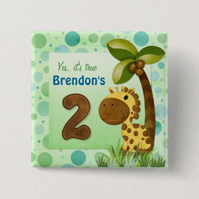 Birthday Tots Giraffe Birthday 2 Inch Square Button (Front)