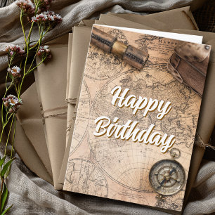 Birthday Travel Vintage World Map Compass Custom  Card