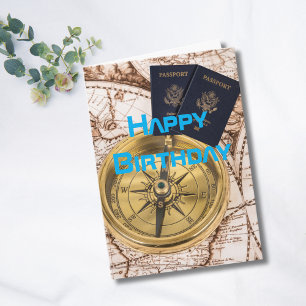 Birthday Travel World Map Passport Compass Fun Card