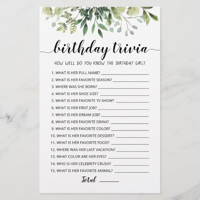 Birthday Trivia editable game (Front)