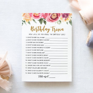 Birthday Trivia editable game Card