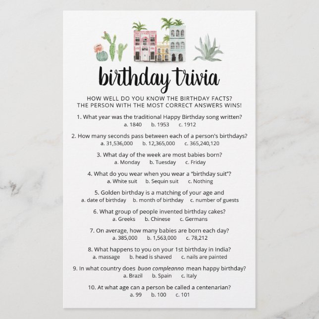 Birthday Trivia Game with Answers Birthday party (Front)