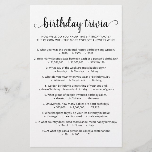 Birthday Trivia Game with Answers Birthday party (Front)