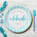 Birthday turquoise glitter modern script name chic paper plate<br><div class="desc">“Happy birthday”. Here’s an unique addition to your birthday fête! “Celebrate” with this stunning, modern, sparkly turquoise blue glitter dots and typography script against a baby turquoise blue and white striped background, paper plate for an event to remember. Personalize the custom text with your guest of honour’s name. Your choice...</div>
