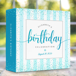 Birthday turquoise glitter script stripes keepsake binder