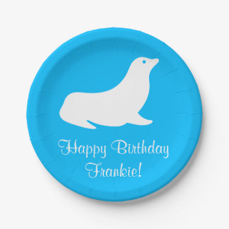 Birthday Turquoise Sea Lion 4Frankie (Name) Paper Plate